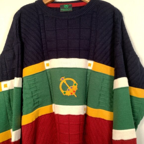 Vintage 1990s Emerald Isle Sweater Men Medium Colorblock Celtic Brooch Ireland - Picture 2 of 14